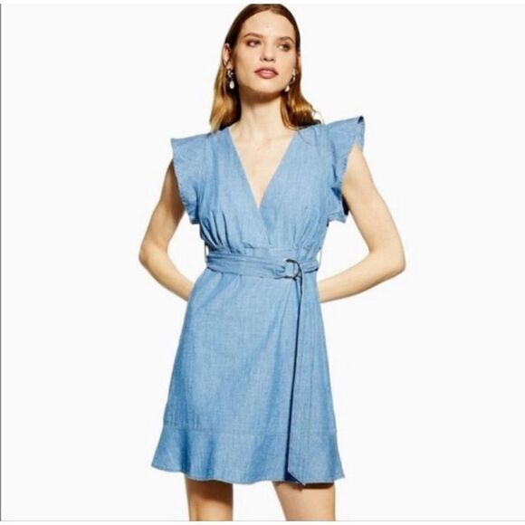 TopShop Women's Blue Logh Wash Chambray V-Neck Short-Sleeve A-Line Dress Size 2 - Picture 1 of 5